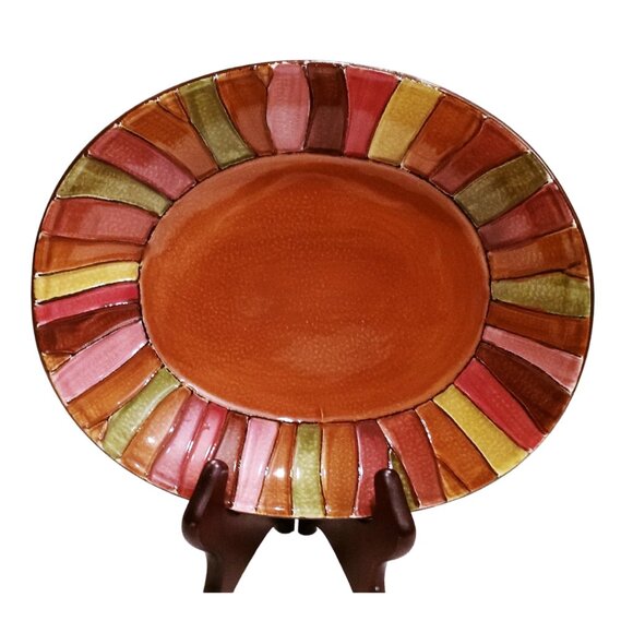 Pier 1 Wavy Stripe Serving Bowl, Hand Painted Bowl, Vintage Farmhouse Bowl - Picture 1 of 6